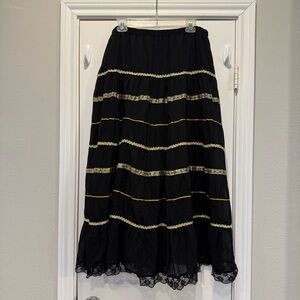 Vintage Tiered Maxi Skirt Size L Black Gold Metallic Lace Boho Gypsy Peasant